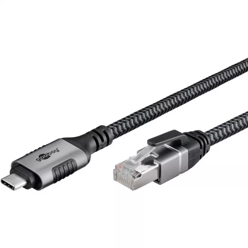 Ethernet kábel USB-C 3.2 Gen2 konektor samec > RJ-45 konektor samec, LAN adaptér čierny/strieborný, 1,5 metra, pletené textilné opláštenie