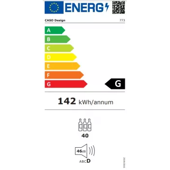 Caso | chladič vína | WineChef Pro 40 | energetická trieda G | vitrína | voľne stojaca | kapacita fliaš 40 fliaš | typ chladenia kompresorová technológia | čierna