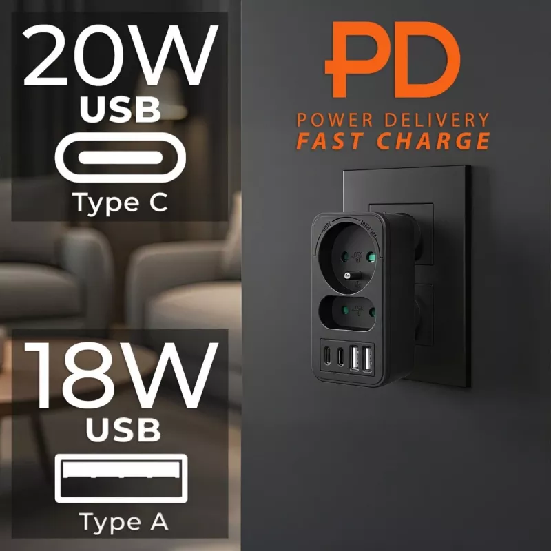 Rozbočovač napájania MACLEAN MCE249 F/B – 2 AC zásuvky (16A + 6A) s 2×USB-A a 2×USB-C PD 20W, EU konektor, čierny