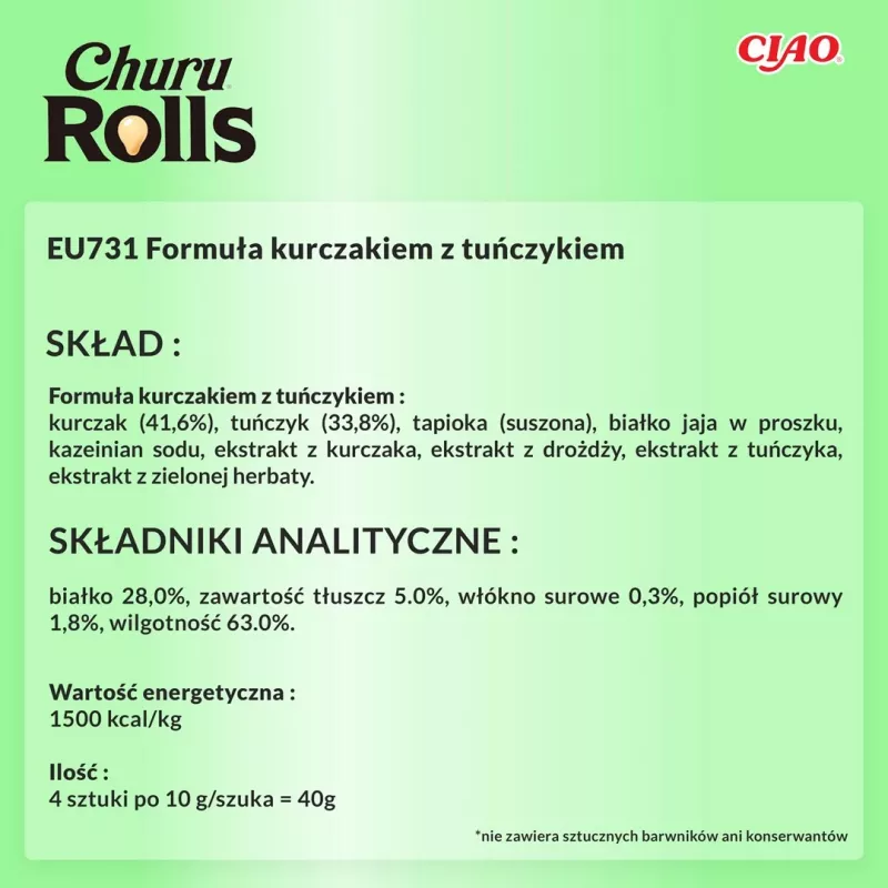 INABA Churu Rolls recept s kuracím mäsom obalený receptom s tuniakom - mačacia pochúťka - 4x10 g