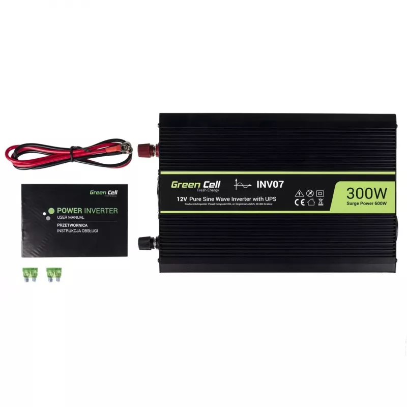 Napäťový menič Green Cell INV07, DC 12 V na AC 230 V, 300 W, 50 Hz, Type-C konektor, čierna