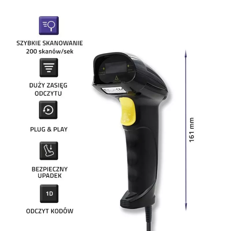 Qoltec 1D laserový čítač čiarových kódov | USB | čierna