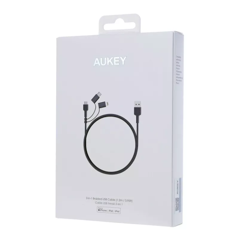 AUKEY CB-BAL5 opletený kábel 3 v 1, Micro USB / USB-C / Lightning, 1,2 m, čierny