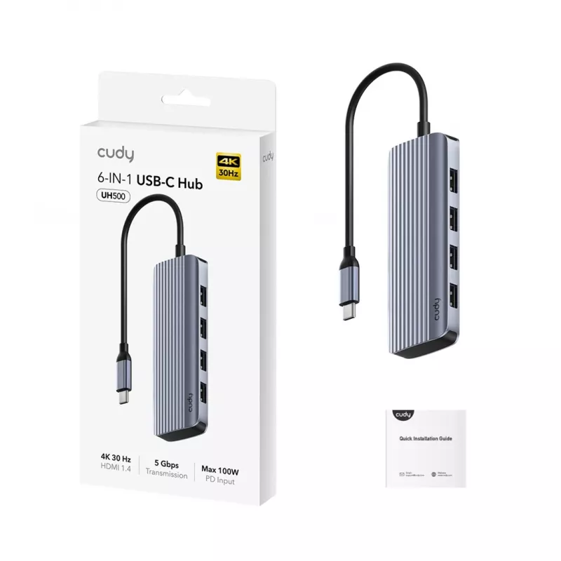 USB-C hub Cudy UH500 — USB 3.2 Gen 1 Type-C host, 6 portov s USB 3.2 Gen 1 Type-A a HDMI, 5000 Mbit/s, sivý/strieborný