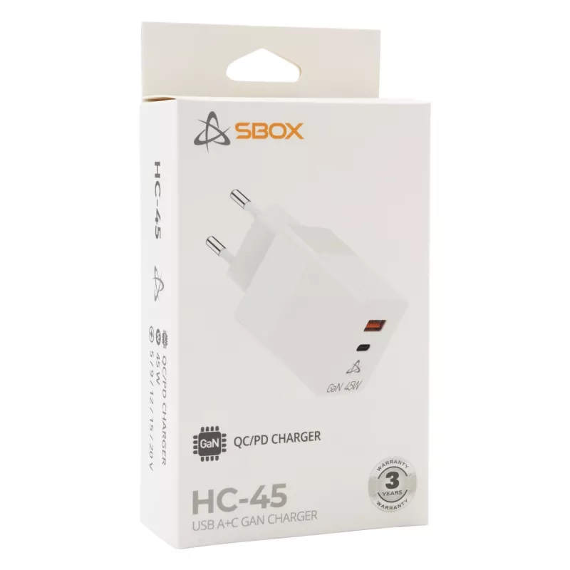 SBOX Home Charger HC-45 45W GaN nástenná nabíjačka s duálnym vstupom