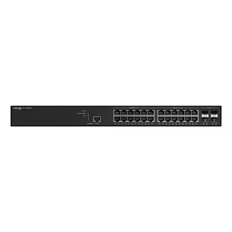 Managed LANCOM GS-3628XP switch, 24× 2,5G RJ-45 portov, PoE, L2/L3, 1U racková montáž
