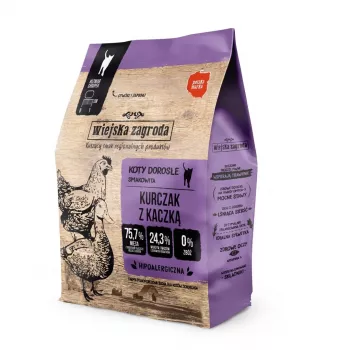 Suché krmivo pre mačky wiejskazagroda kurča s kačicou 400 g — dospelé mačky, recept s hydinou, proteín 44 %, tuk 17 %