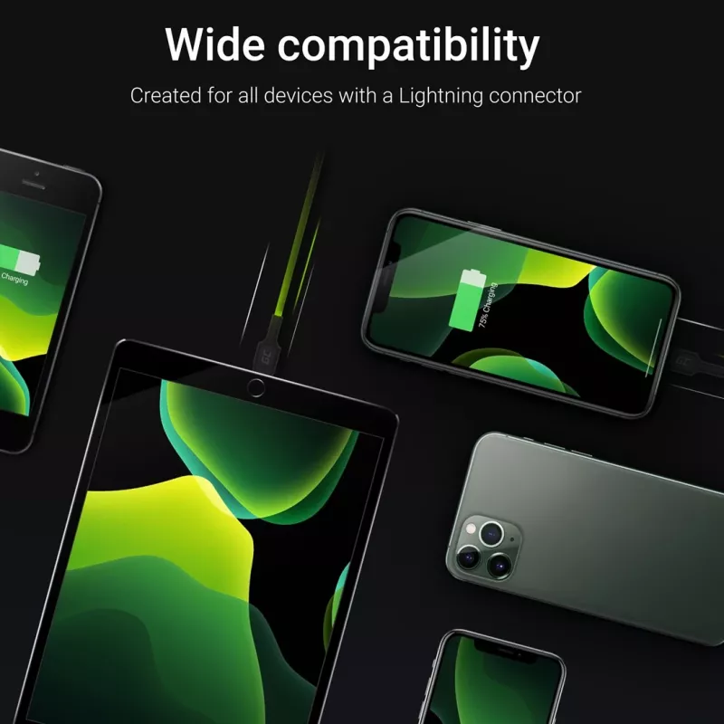 Lightning na USB-A kábel Green Cell KABGC12, 2 m, Lightning – USB A, čierny