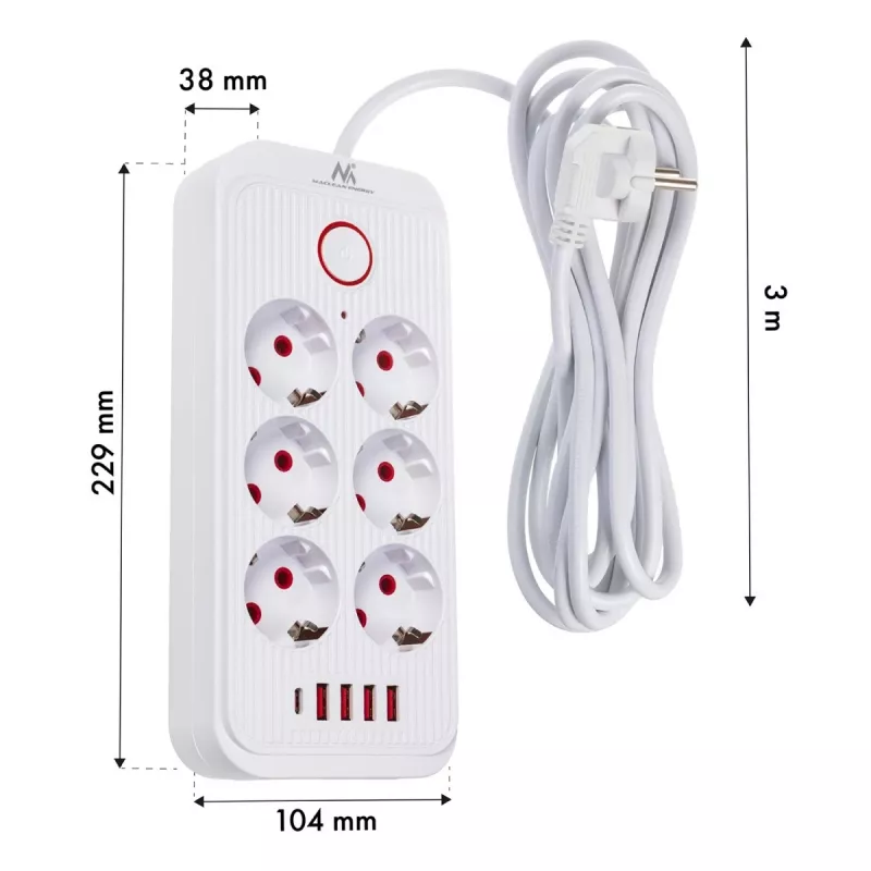 Predlžovacia zásuvková lišta MACLEAN MCE391 W — 6 zásuviek, 4×USB-A + 1×USB-C, 3 m kábel, 110–240 V, 2500 W, biela