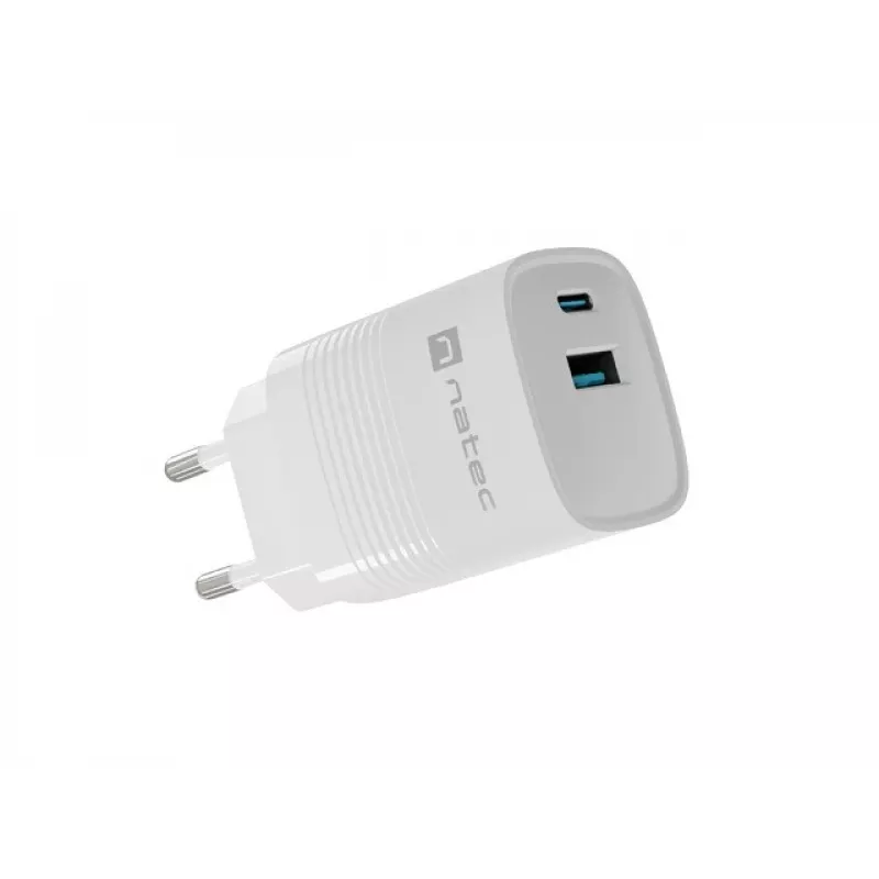 Káblová nabíjačka pre mobilné zariadenia NATEC NUC-2140, 30W, USB-C PD 3.0 + USB-A, Samsung AFC, biela