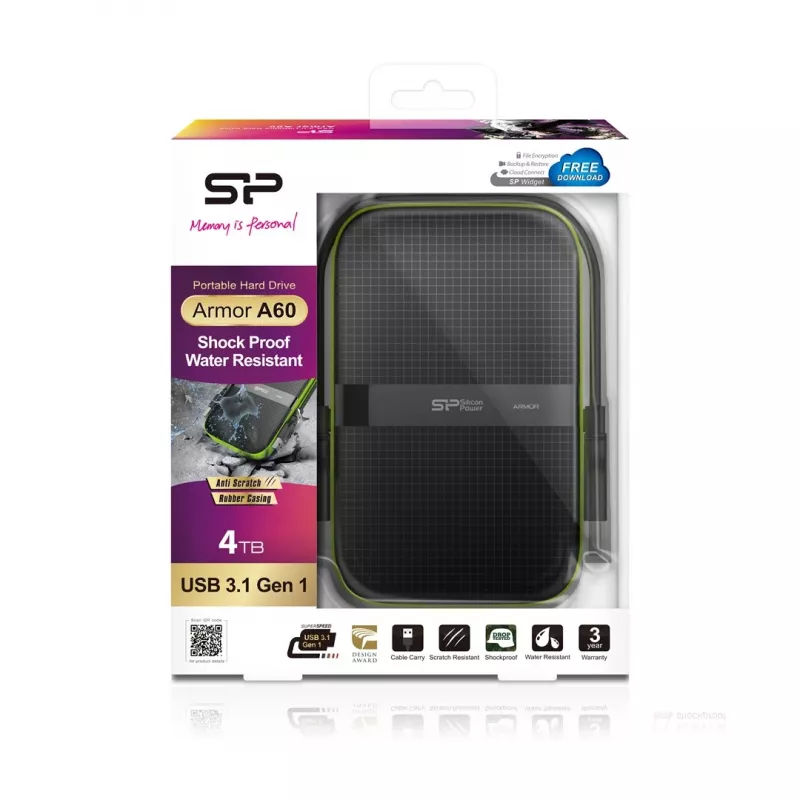SILICON POWER Armor A60 - pevný disk - 4TB - externý (prenosný) - 2.5 (6,4 cm) - USB3.0 - čierny (SP040TBPHDA60S3K)