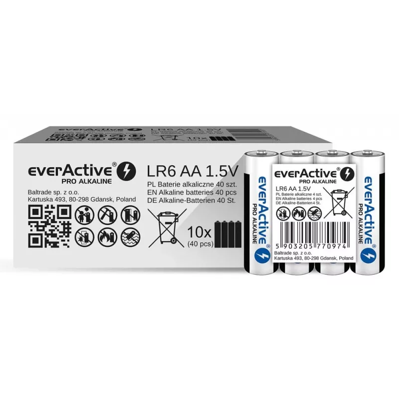 Alkalické batérie everActive LR6 AA 4 ks balenie — 1,5 V, 3000 mAh, 50,5 × 14,5 mm