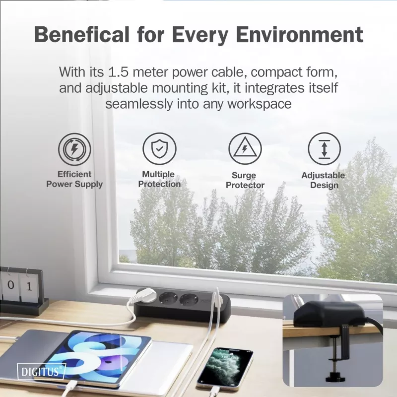 Predlžovacia zásuvka DIGITUS 3-násobná s 2×USB-A & 1×USB-C, 3 AC zásuvky Typ E/F, 1,5 m kábel, čierna