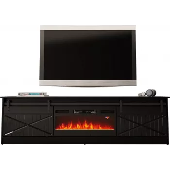 TV stojan s krbom Cama Meble GRANERO model – 200 x 56,7 x 35 cm, čierny/čierny lesklý, 2 dvere, 2 police, posuvné dvere, MDF/drevotrieska