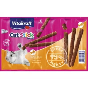 Mačacia tyčinka suchá Vitakraft 36 g — jahňacie a morčacie, proteín 33,5 %, tuk 20 %, vápnik 10 %