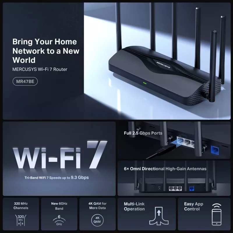 Stolný router MERCUSYS MR47BE — Tri-band Wi-Fi 7 (2,4/5/6 GHz), 9300 Mbit/s, 3× RJ-45, 2,5GbE, 6 externých antén