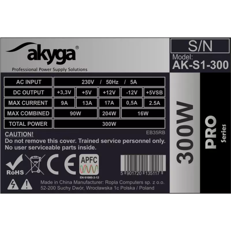 Akyga AK-S1-300 300 W SFX napájací zdroj, pasívne PFC, 80 mm ventilátor, čierna