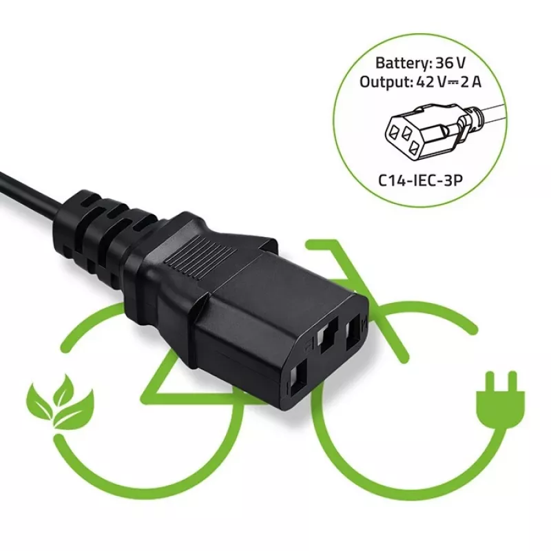 Nabíjačka QOLTEC 36V–42V 2A s 3-polovým konektorom samec C14-IEC pre batérie e-bike