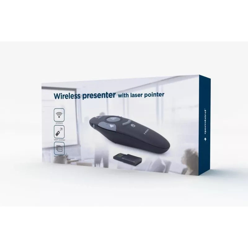 GEMBIRD bezdrôtový IR prezentér WP-L-11, 4 tlačidlá, 2,4 GHz RF USB prijímač, čierna, AAA batéria