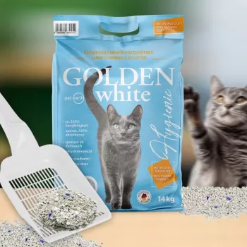 Mačacia podstielka Golden Grey 14 kg bentonit hrudkujúca, levanduľová vôňa, bezprašná, nelepí sa