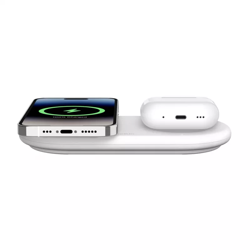 Belkin WIZ021VFWH – 2-in-1 bezdrôtová nabíjacia podložka s technológiou Qi2 15 W, biela