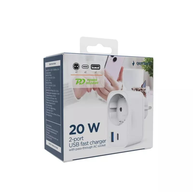 NABÍJAČKA USB UNIVERZÁLNA 20W BIE/2P AC TA-ACPDQC20-01-W GEMBIRD