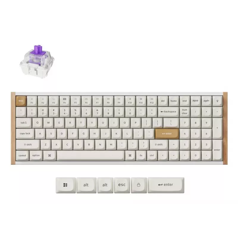 Mechanická klávesnica Keychron K4 HE 96% QWERTY — USB, RF Wireless & Bluetooth, 100 klávesov, RGB, biela/drevo