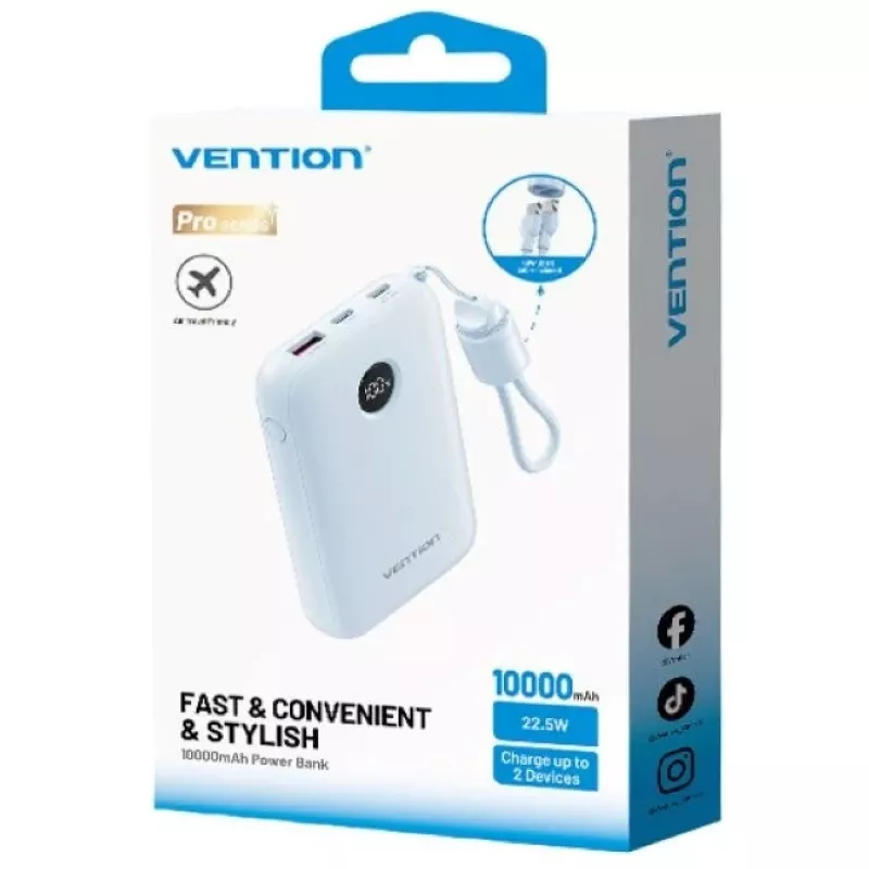 Powerbank Vention 10000mAh 22,5W — 2× USB‑C, 1× USB‑A, modrá