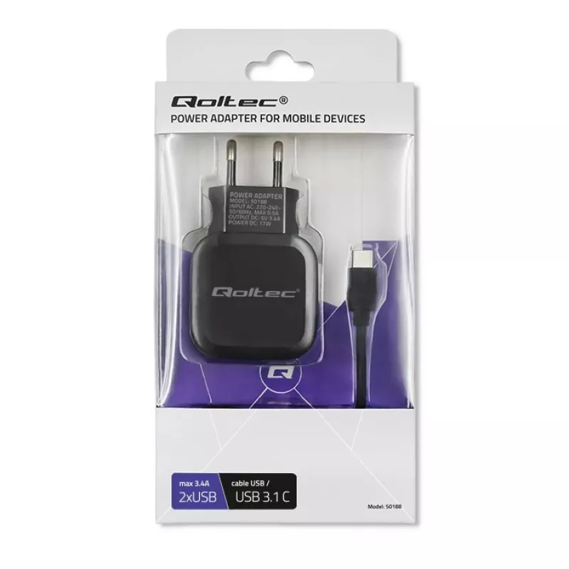 Qoltec 50188 nabíjačka pre mobilné zariadenia notebook, smartfón, smart hodinky, tablet, telefón, univerzálna čierna AC, DC vnútorné