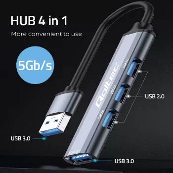 USB hub QOLTEC 53793 — USB 3.0 vstup, 3× USB 2.0 porty