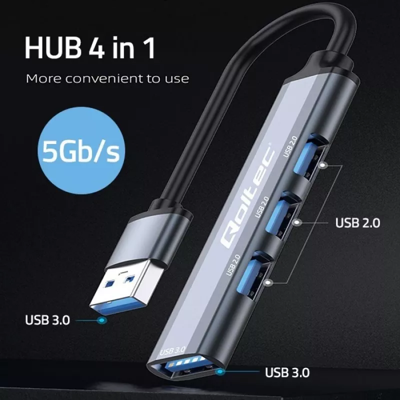 USB hub QOLTEC 53793 — USB 3.0 vstup, 3× USB 2.0 porty