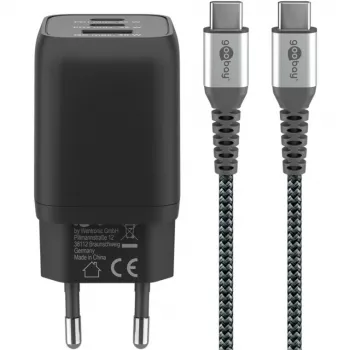 USB-C rýchla nabíjačka Nano, PD, GaN, 65 Watt, USB-C opletený kábel (čierny, 1x USB-A, 2x USB-C PD, Quick Charge 3.0, 1 meter kábla)