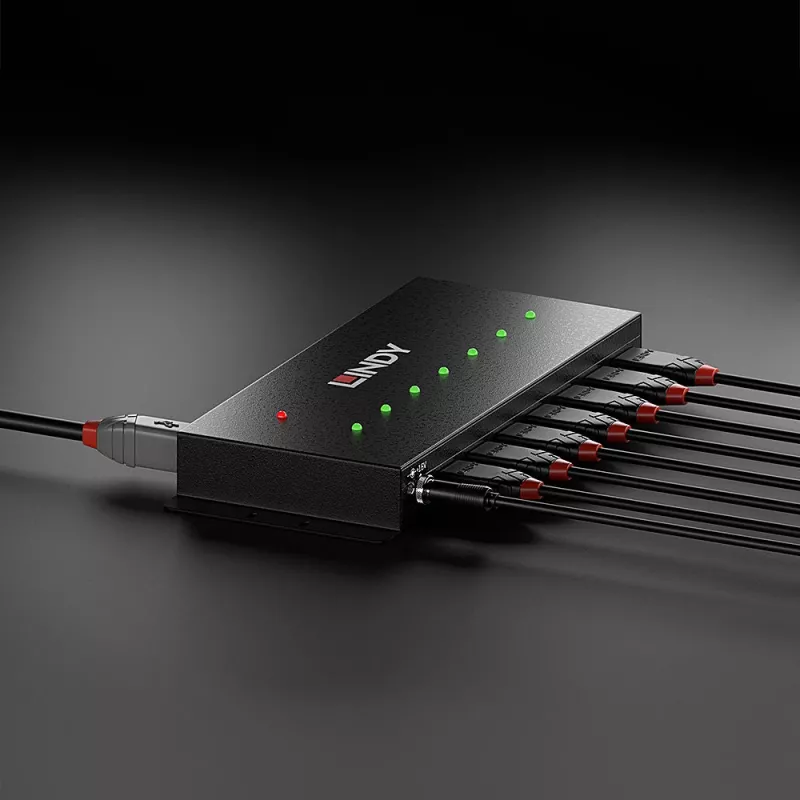 Lindy 7 portový USB 3.0 kovový hub, USB 3.2 Gen 1 (3.1 Gen 1) Type-A, 5000 Mbit/s, čierna, 0,8 m, 185 mm, 75 mm