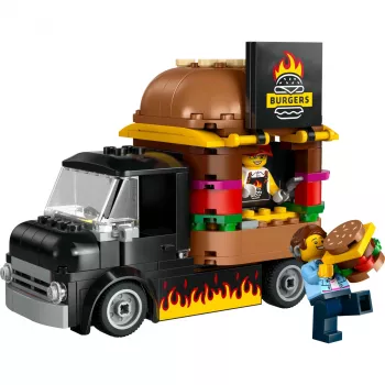 LEGO City Burger Van food truck hračka pre chlapcov a dievčatá od 5 rokov, stavebné vozidlo, kuchynská hracia sada s minifigúrkou predavača a príslušenstvom