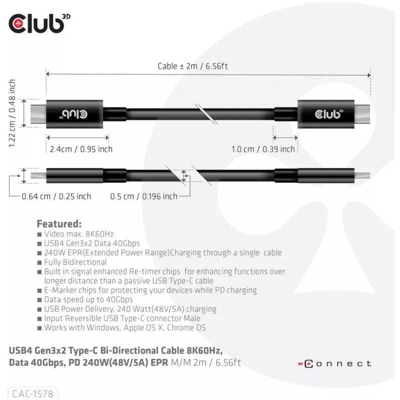 CLUB3D USB4 Gen3x2 Type-C obojsmerný kábel 8K60Hz, dáta 40Gbps, PD 240W(48V/5A) EPR M/M 2m / 6.56ft