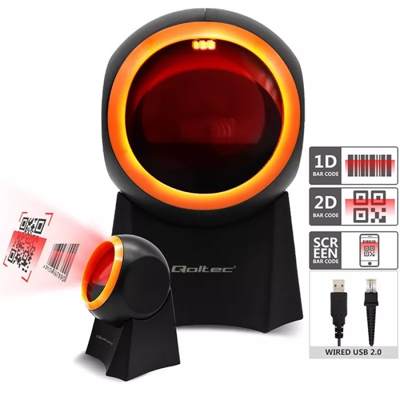 Qoltec 50857 káblová stolová čítačka čiarových kódov, 1D/2D, QR, USB, kábel 1,75 m