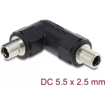 DC dutý konektor adaptér DELOCK 5,5 x 2,5 mm konektor samica-na-samica so závitovou objímkou, 90° zahnutý, čierny