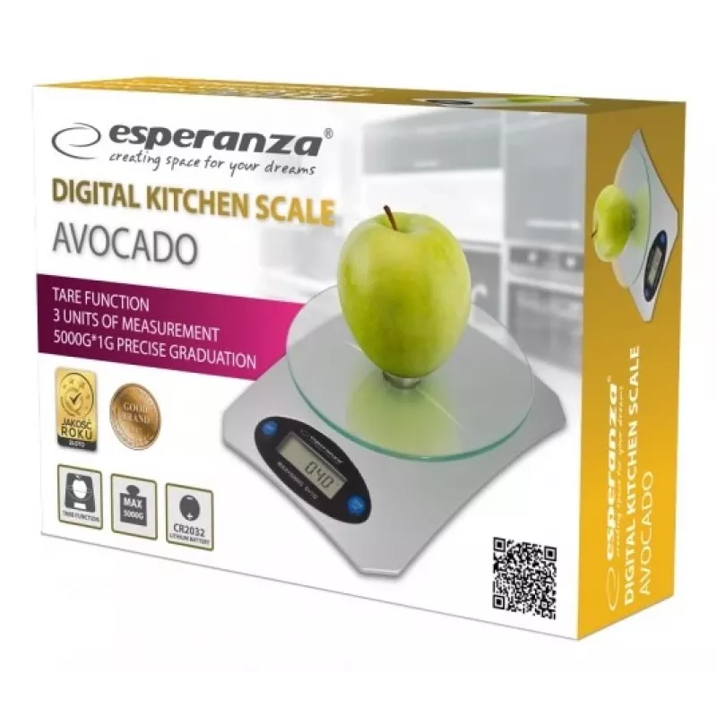 Elektronická kuchynská váha ESPERANZA Avocado sivá — kapacita 5 kg, bambusová plošina, jednotky g/lb/oz