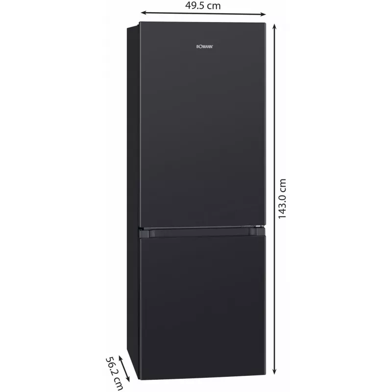 Voľne stojaca chladnička BOMANN KG 320.2, 165 l celkový objem (chladnička 122 l, mraznička 43 l), čierna, energetická trieda E, 143 cm