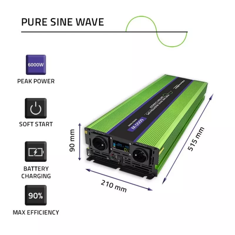 Automobilový menič Qoltec Monolith 6000 W zelený 12 V