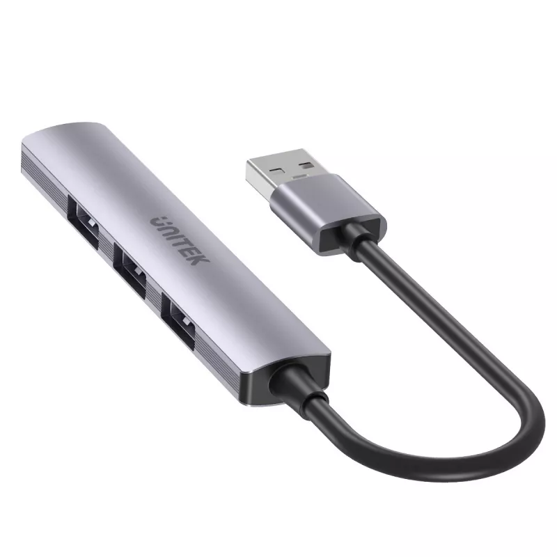 Unitek H1208A USB-A rozbočovač, 4 porty (1x USB-A 5 Gbps, 3x USB-A 2.0), hliník, strieborný