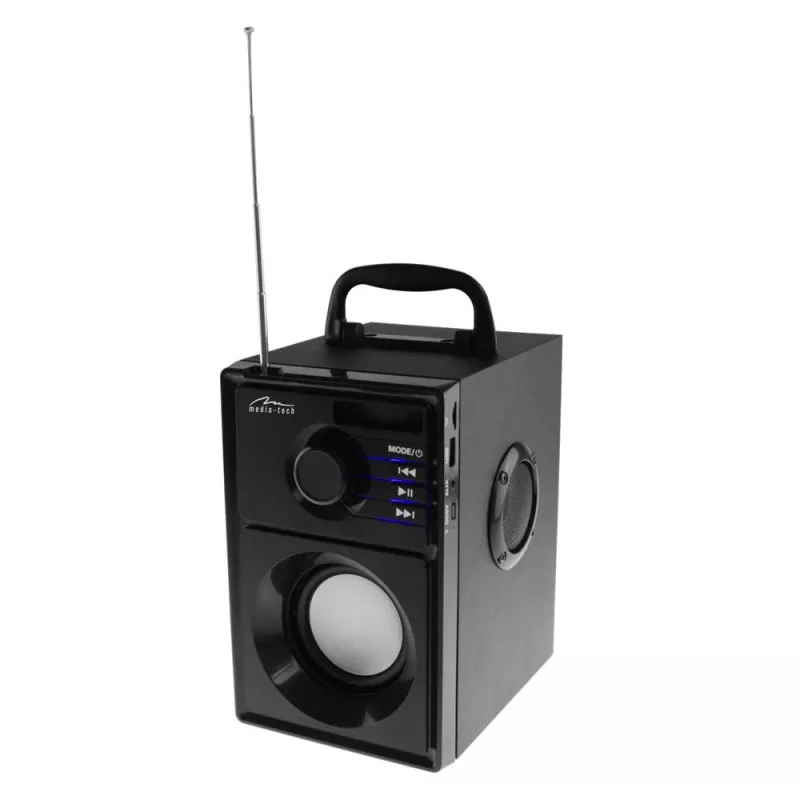 Prenosný reproduktor MEDIA-TECH MT3179, 20 W (RMS 15 W), Bluetooth 5.1, FM, MicroSD, USB, AUX, Li-Ion, 6 h, drevené puzdro