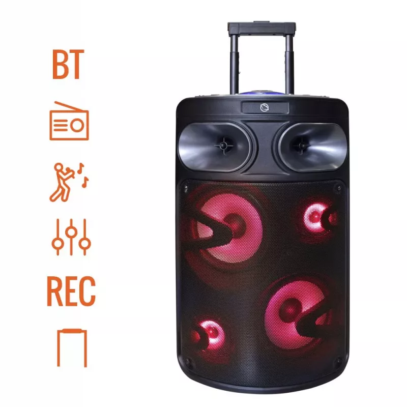 Prenosný Bluetooth karaoke reproduktor MANTA SPK0803B140 140W, batériové napájanie, MIC/USB/microSD, FM, ekvalizér, kolieska