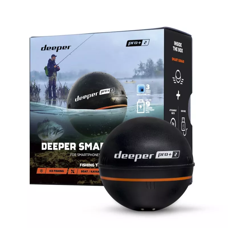Deeper Smart Sonar PRO+ 2 vrhací sonar na ryby, 100/240/675 kHz, hĺbka 100 m, Wi-Fi, GPS, až 9 h, čierny