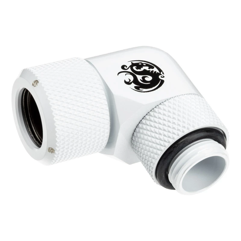 Fitting BitsPower BP-DWE90RMLA12 — mosadzný 90° uhlový konektor, biela, Ø 12 mm