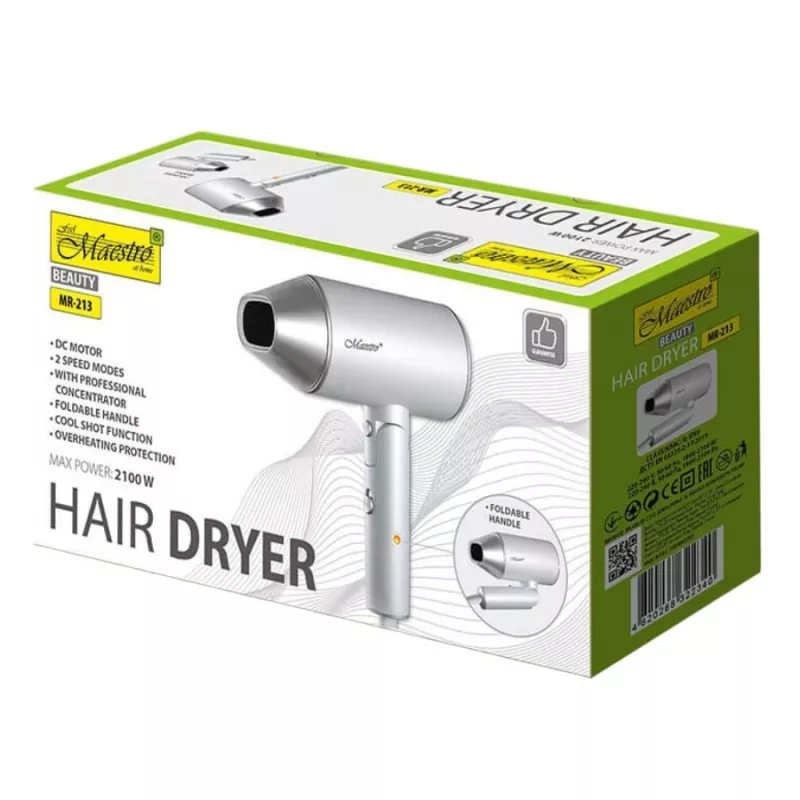 Fén Maestro MR-213 2100W sklopná rukoväť, 2 rýchlosti, studený vzduch, dvojstenný koncentrátor, strieborný