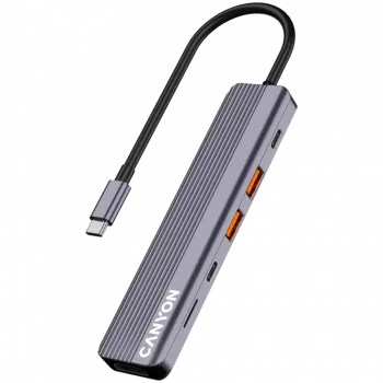 USB Type-C hub CANYON DS-17 — HDMI, USB 3.2 Gen 1 A, USB-C, MicroSD, 10000 Mbit/s, sivý