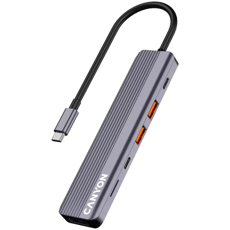 USB Type-C hub CANYON DS-17 — HDMI, USB 3.2 Gen 1 A, USB-C, MicroSD, 10000 Mbit/s, sivý