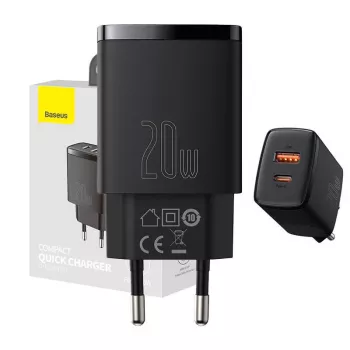 Indoor USB rýchlonabíjačka Baseus CCXJ-B01 – 2 porty (USB-C PD 20W + USB-A QC3.0 18W), 100–240 V, čierna