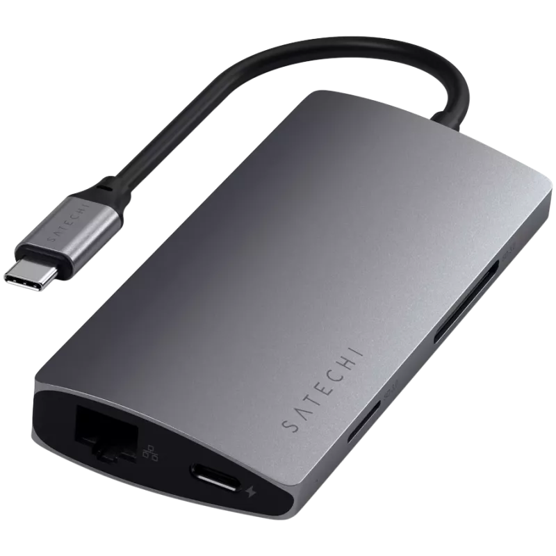 Satechi hliníkový adaptér V2 USB-C (USB-C, 3x USB-A, 4K HDMI, čítačka kariet micro/SD, Ethernet) (Starlight Grey)